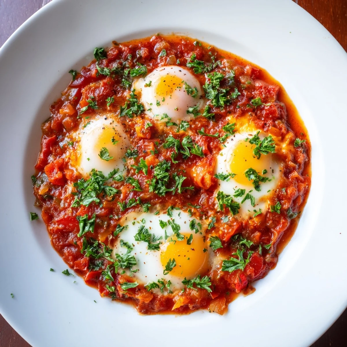 Savory Baked Eggs in Tomato Sauce with vibrant red sauce and perfectly cooked eggs.