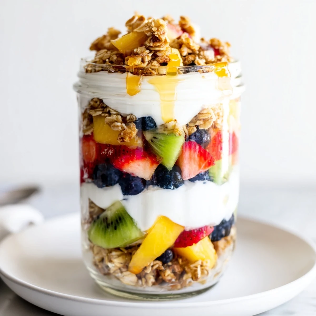Vibrant Yogurt Parfait: layers of creamy yogurt, colorful fruit, and crunchy granola perfect for breakfast.