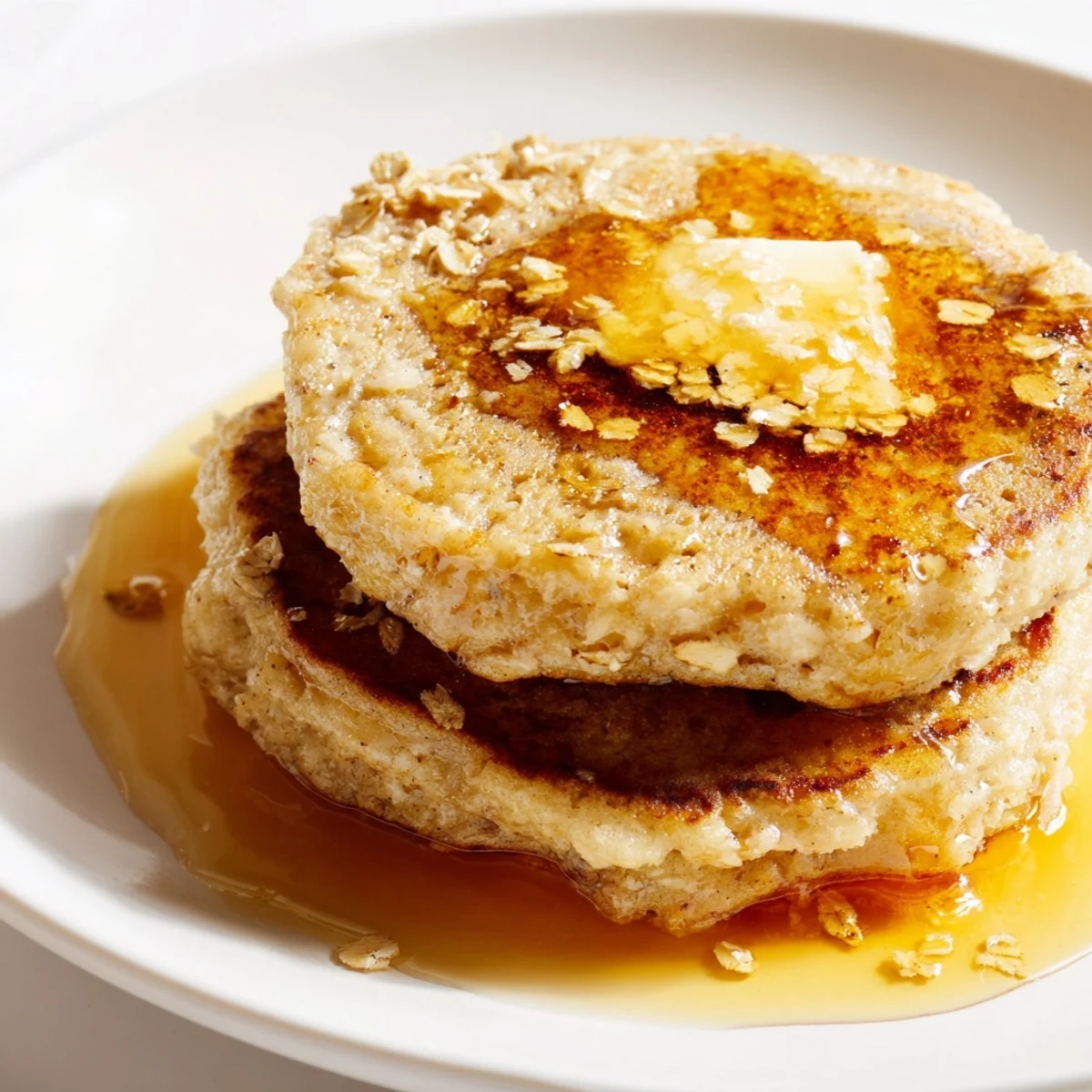 Golden-brown banana oat pancakes stacked high, topped with fresh berries, ready to be enjoyed.