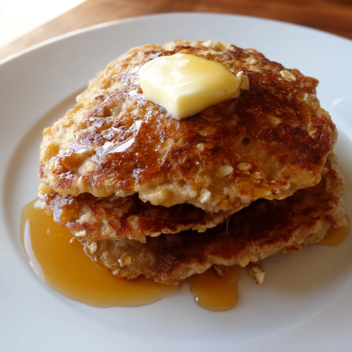 Close-up of freshly cooked banana oat pancakes, featuring a slightly crispy exterior and soft inside.