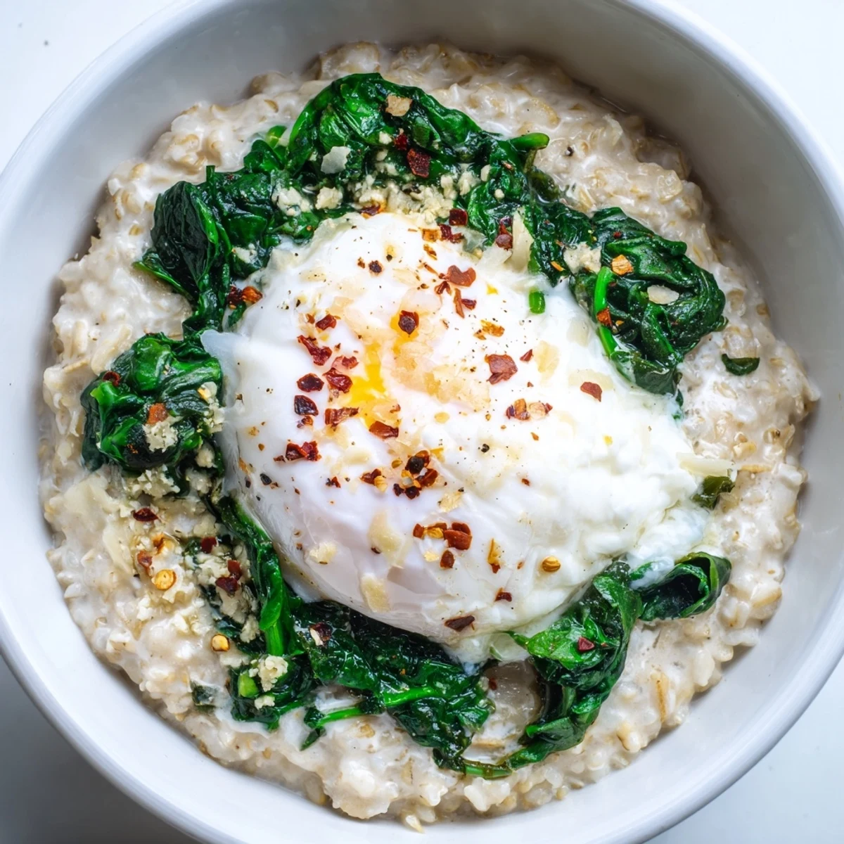 A close-up of savoury oatmeal featuring a perfectly poached egg and vibrant spinach.
