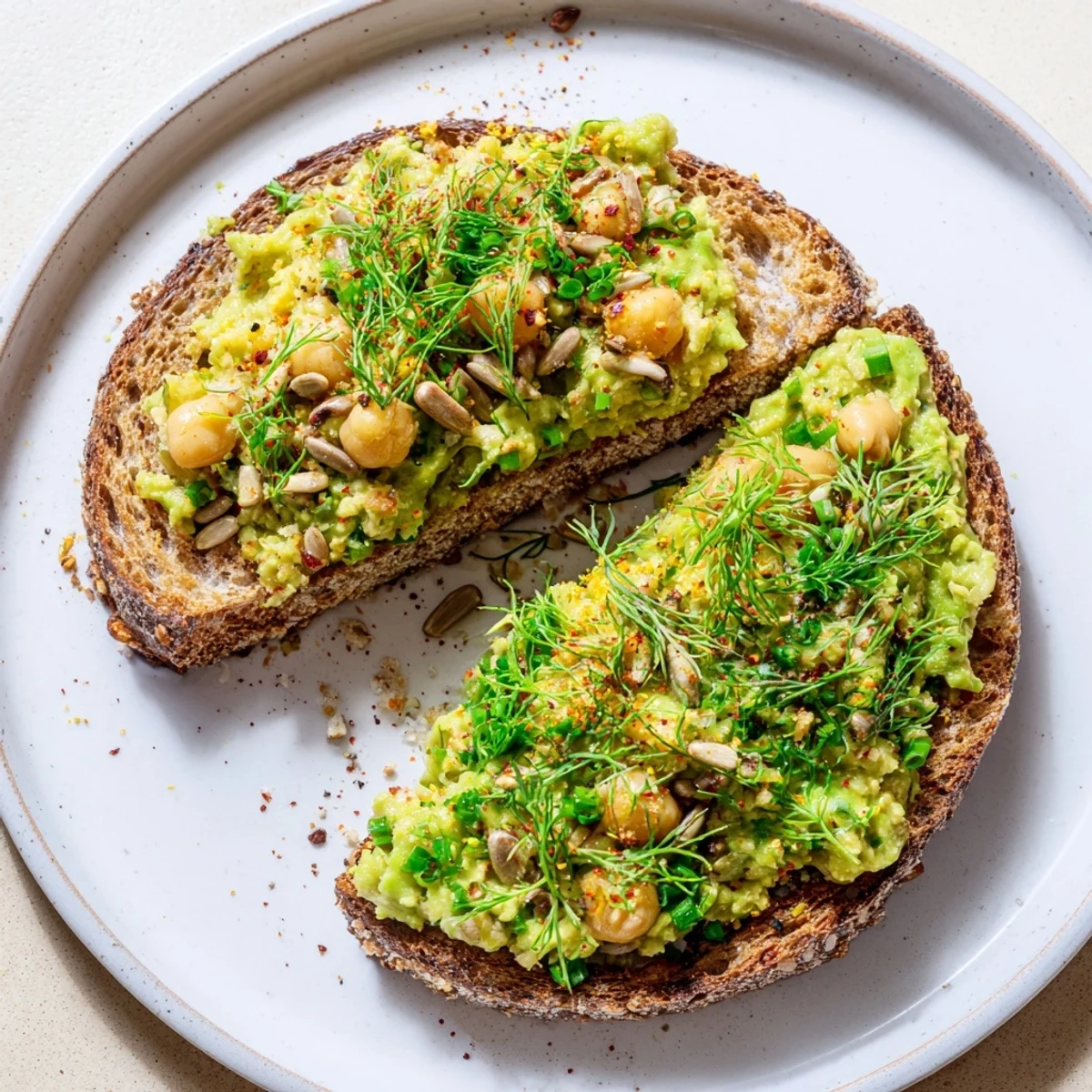 Creamy avocado toast with chickpeas and herbs, garnished with fresh dill, ready to eat.