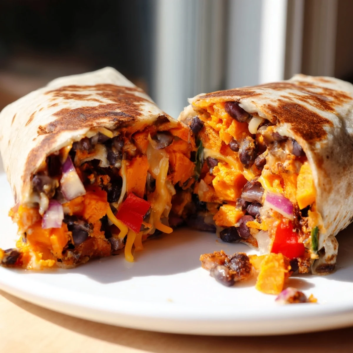 Warm, hearty sweet potato and black bean breakfast burritos, perfectly wrapped and ready for a delicious bite.