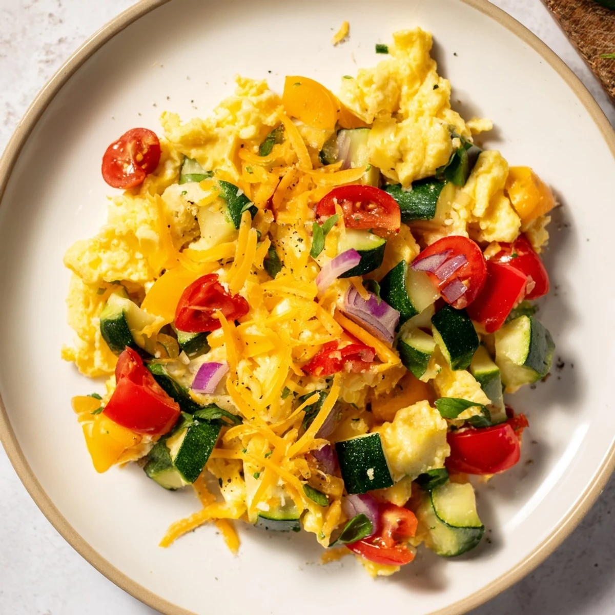 Golden-brown Egg & Veggie Sheet Pan Scramble with colorful roasted vegetables, ready to serve.
