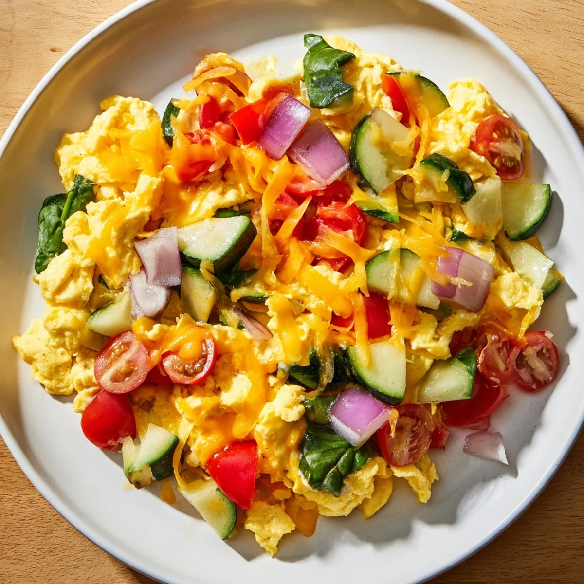 Freshly baked, fluffy Egg & Veggie Sheet Pan Scramble, perfect for a quick, delicious vegetarian breakfast.