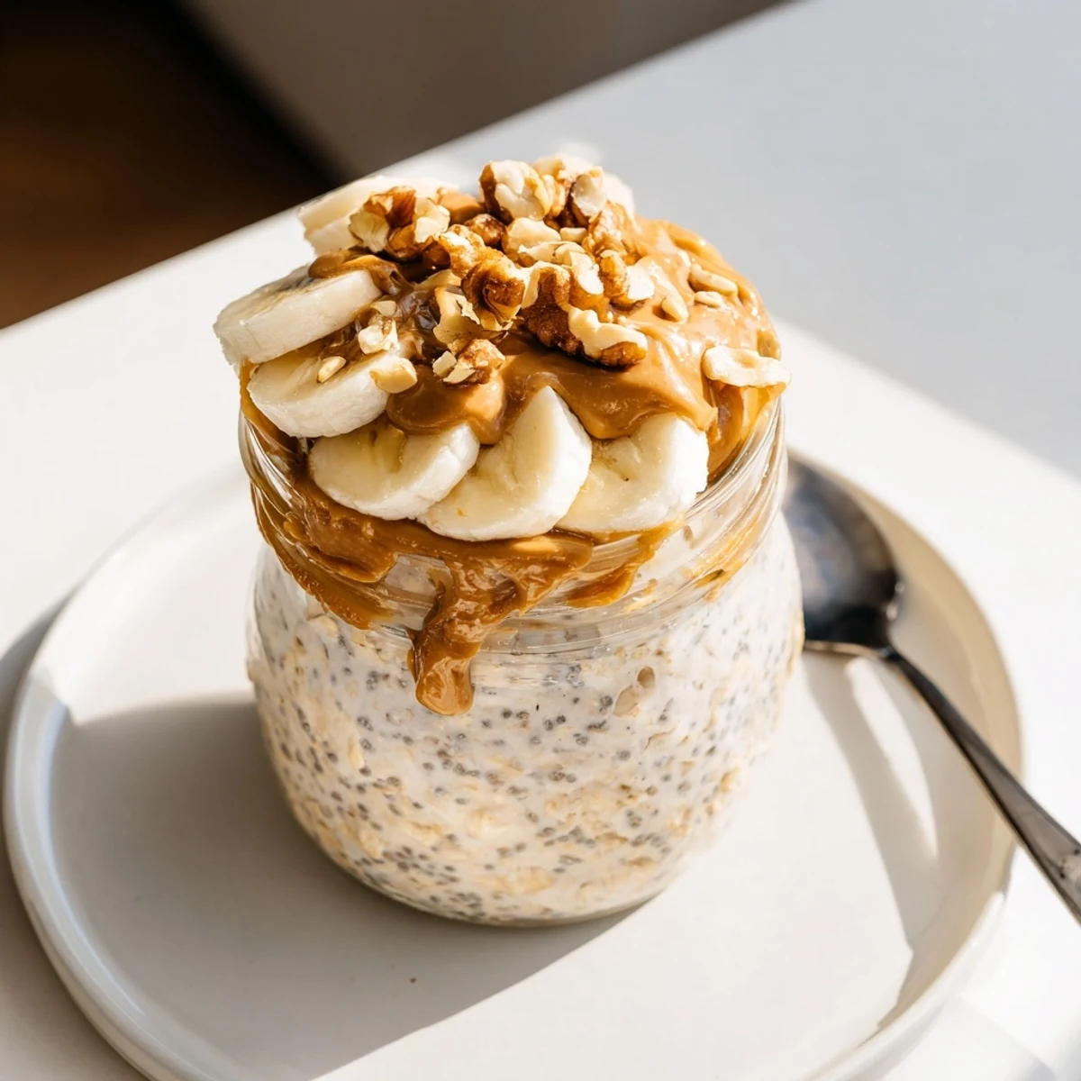 Close-up of overnight oats in jars, layered with fresh berries and granola for a hearty breakfast.