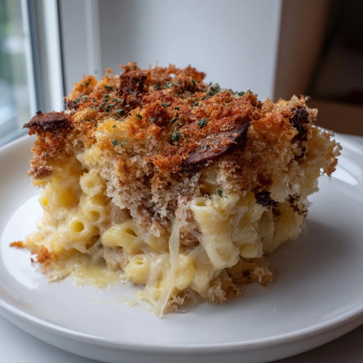 A close-up of cheesy, Baked Macaroni and Cheese, showcasing the bubbly, golden crust and tender pasta.