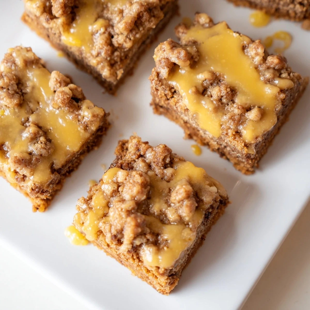 Warm, spiced Lemon-Glazed Gingerbread Crumble Bars with a bright, tangy lemon glaze drizzled on top.