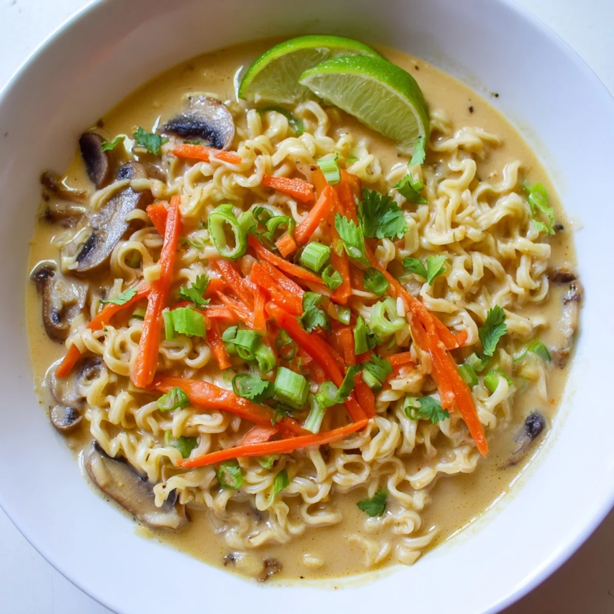 Steaming bowl of Curry Coconut Ramen, garnished with fresh cilantro and lime wedges, ready to eat.