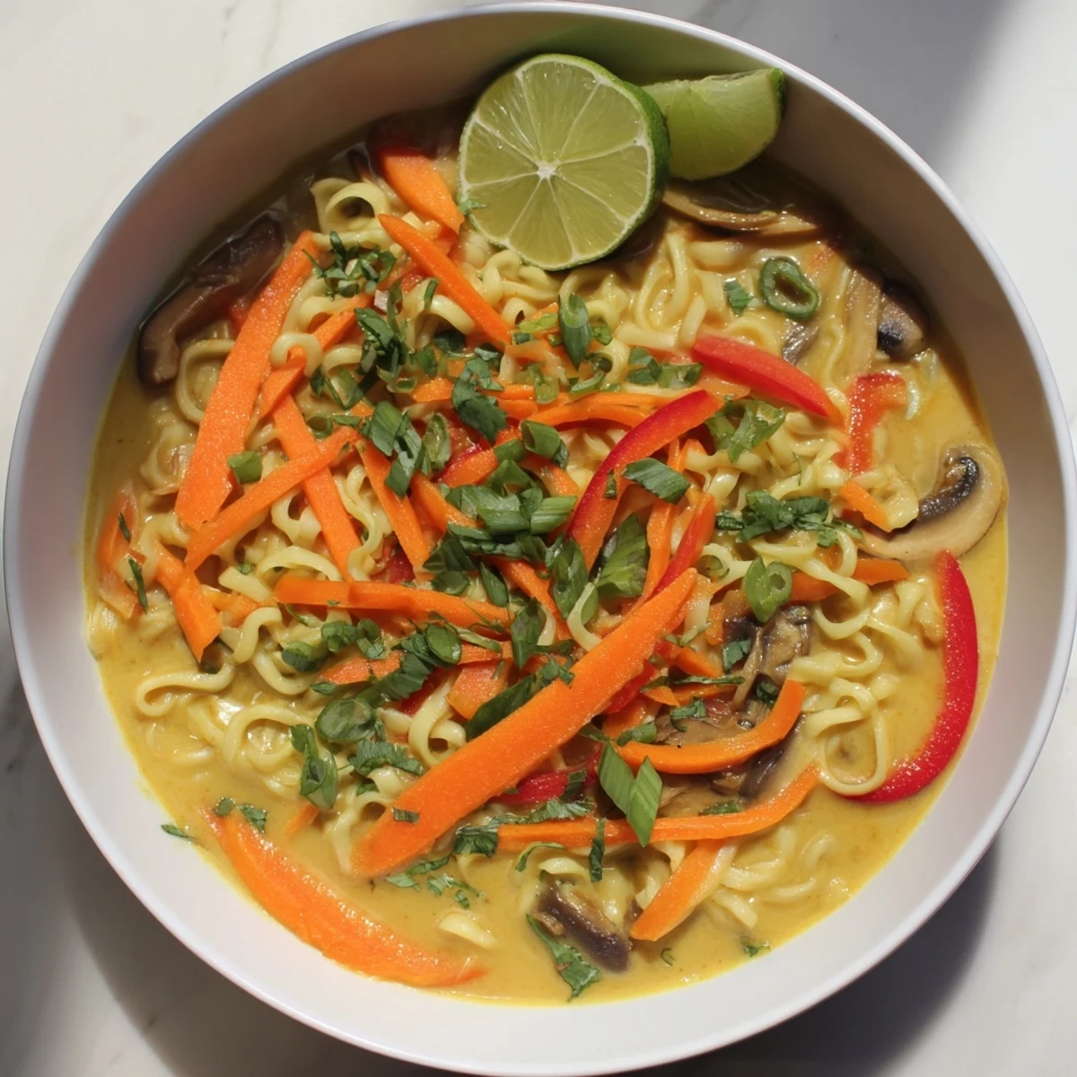 A close-up view of flavorful Curry Coconut Ramen with colorful vegetables and a creamy broth.