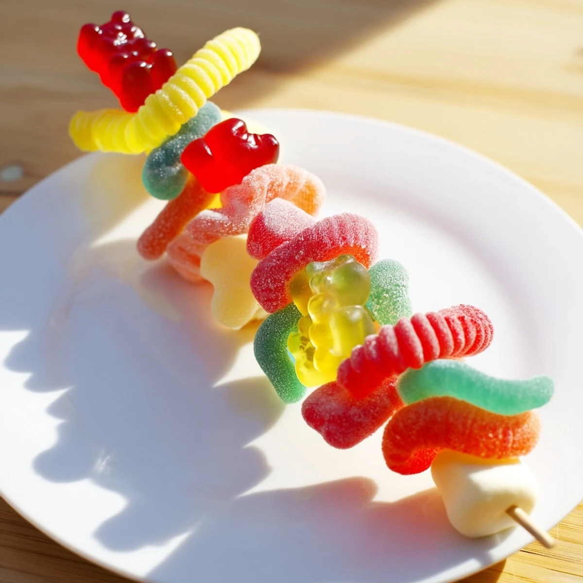 Vibrant Gummy Candy Kabobs, a sweet array of colorful candies ready for a fun party treat.