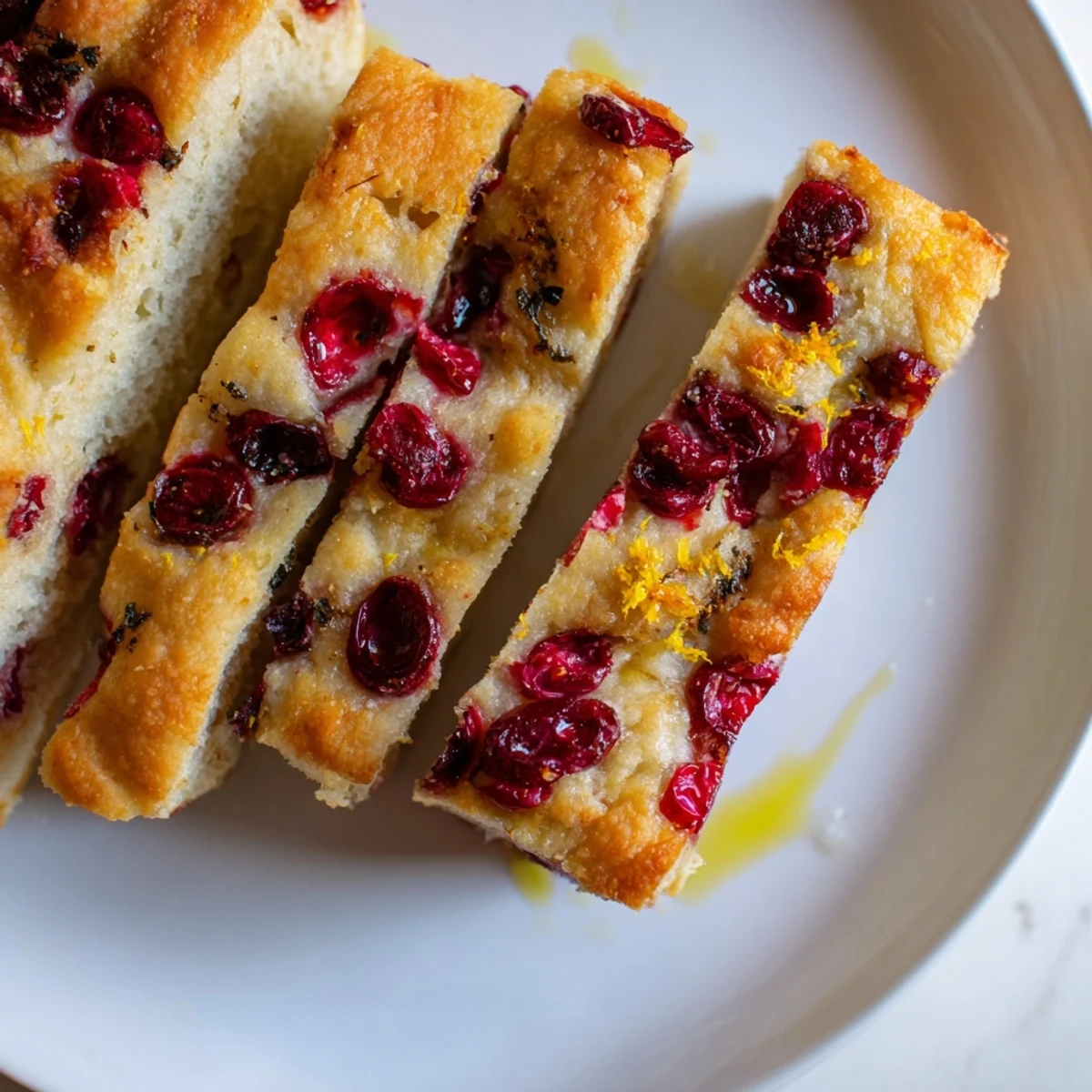 Golden-crusted cranberry orange no-knead focaccia, bubbling with fresh cranberries and zesty orange slices.