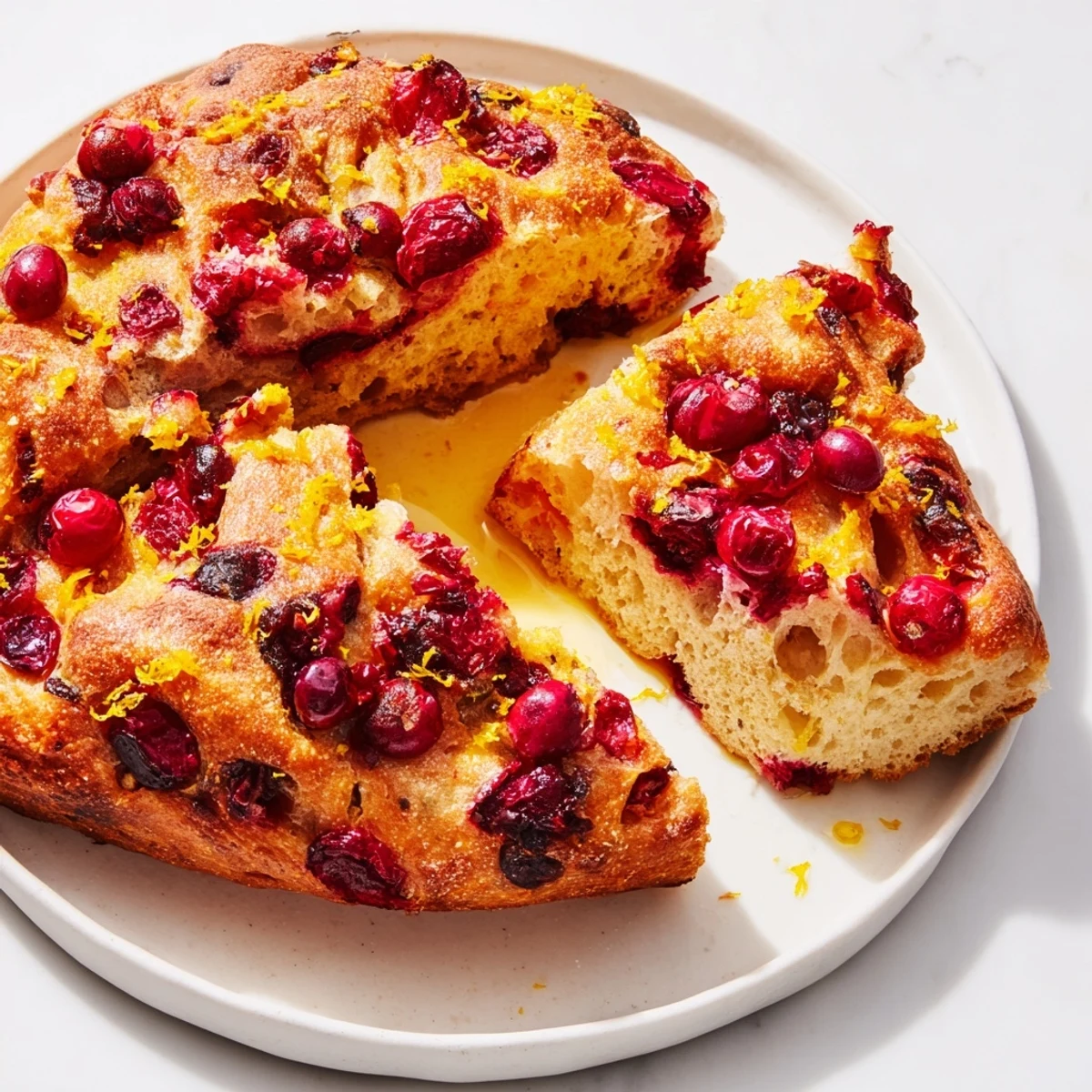 Close-up of a rustic cranberry orange focaccia, boasting a crispy exterior and soft, airy interior.