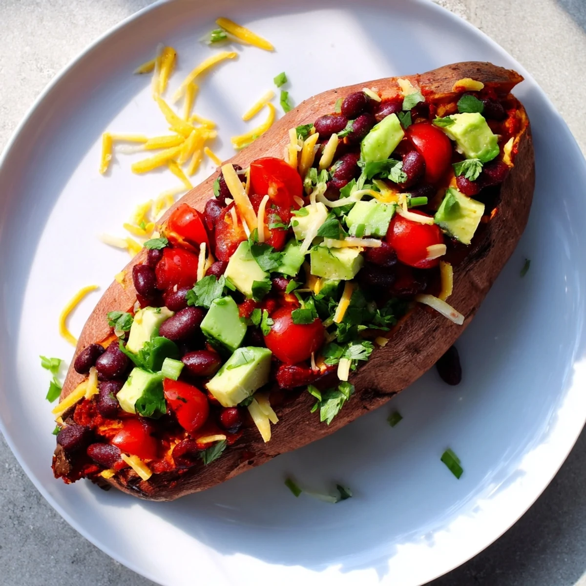 Steaming hot Loaded Baked Sweet Potatoes, brimming with black beans, avocado, and cheddar cheese, look delicious.