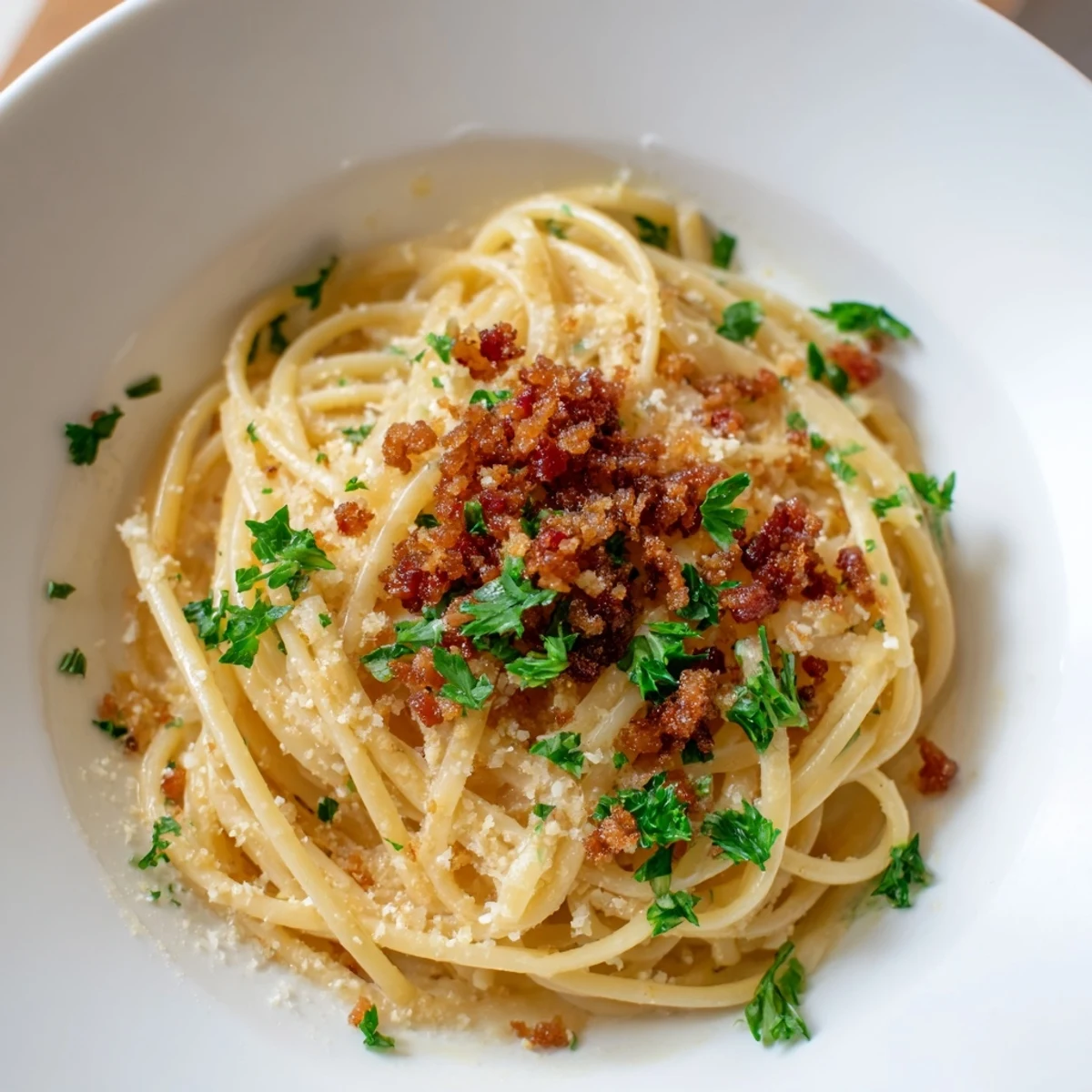 Golden Garlic Butter Pasta with Crispy Bacon, a comforting dish with rich, savory flavors.