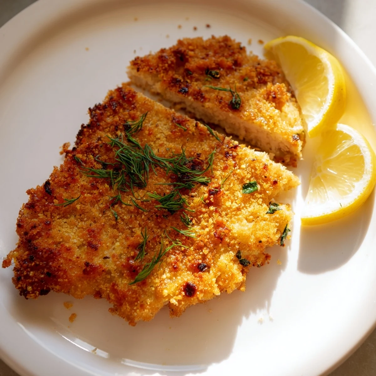 Golden, crispy pickle-brined chicken cutlets are ready to serve with fresh dill and lemon.