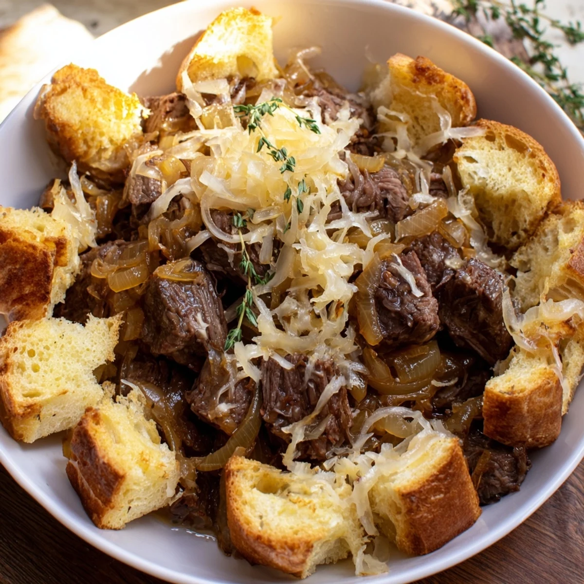 French Onion Pot Roast Casserole bubbling with melted Gruyère, a comforting family dinner ready to serve.