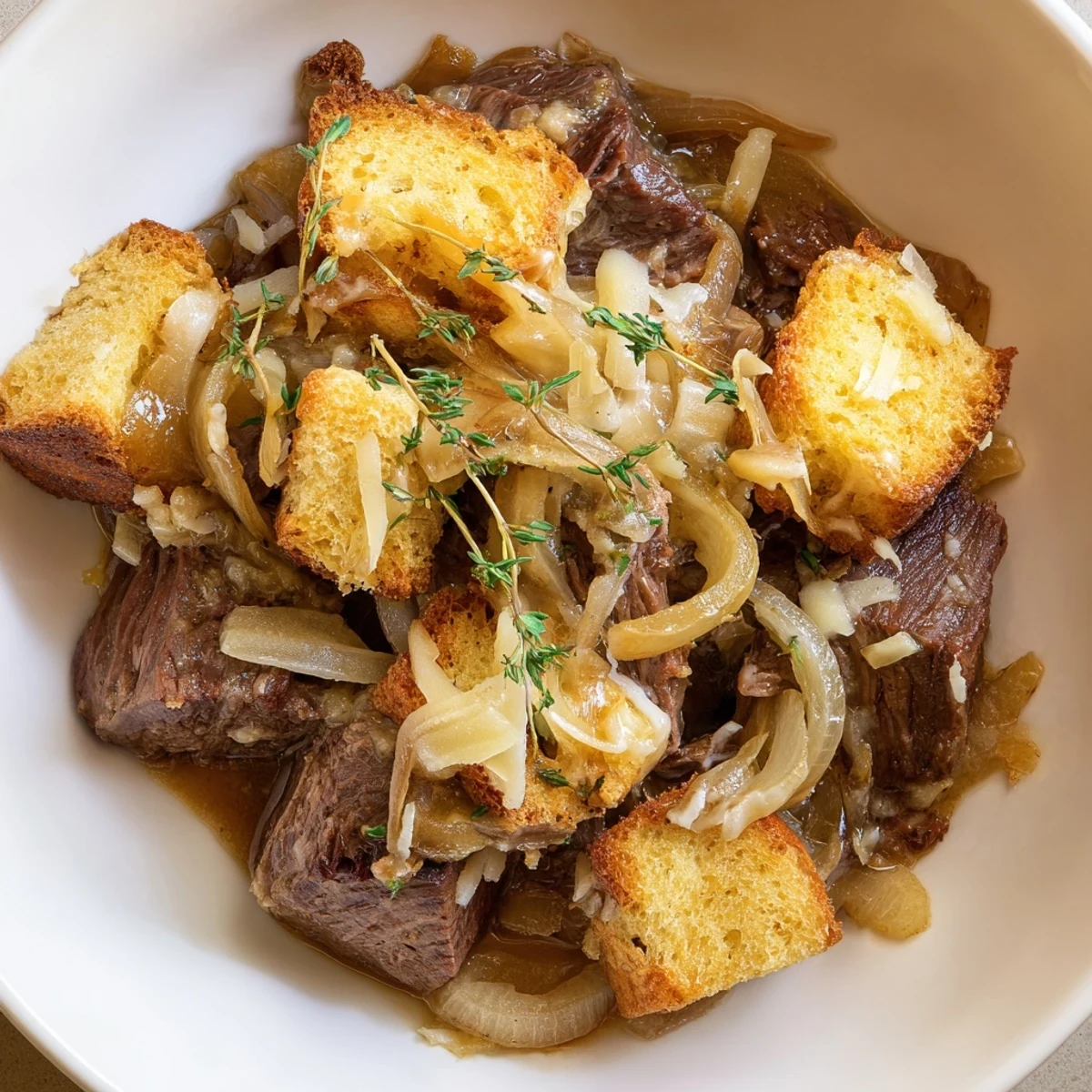 A close-up of golden, crispy bread topping the rich French Onion Pot Roast Casserole, a delightful aroma.