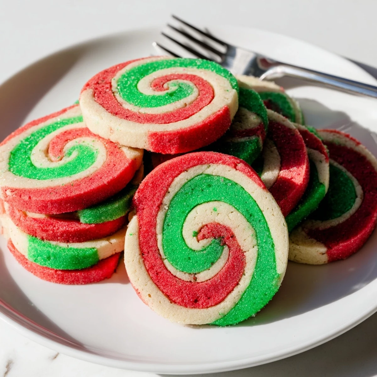 Festive Holiday Pinwheel Cookies: Buttery sugar cookies with swirls of red and green, perfect for holiday treats.