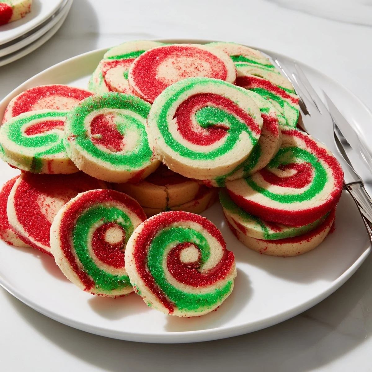 Baked Holiday Pinwheel Cookies with red and green hues, offering a delightful and buttery sweet flavor.