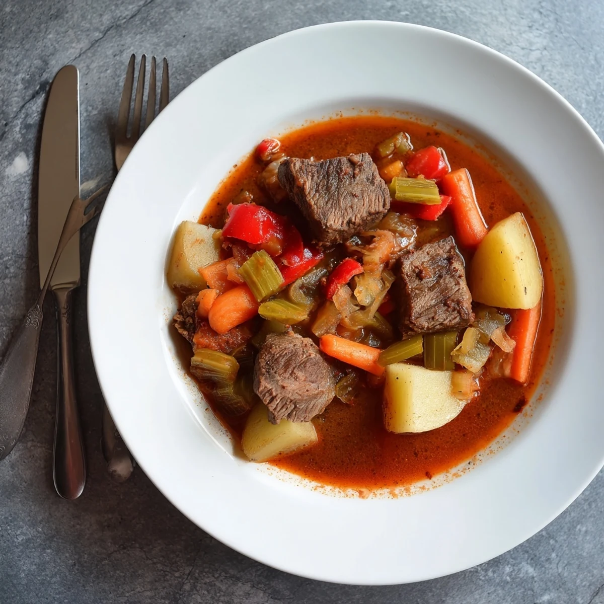 A steaming bowl of Smoked Paprika & Garlic Beef Stew with tender beef and vibrant vegetables.