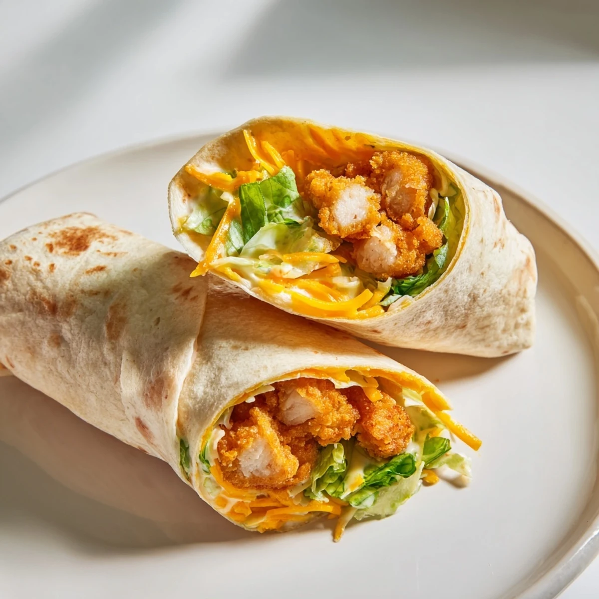 Golden-fried crispy chicken pieces, lettuce, and cheddar filling a delicious Crispy Chicken Ranch Snack Wrap!
