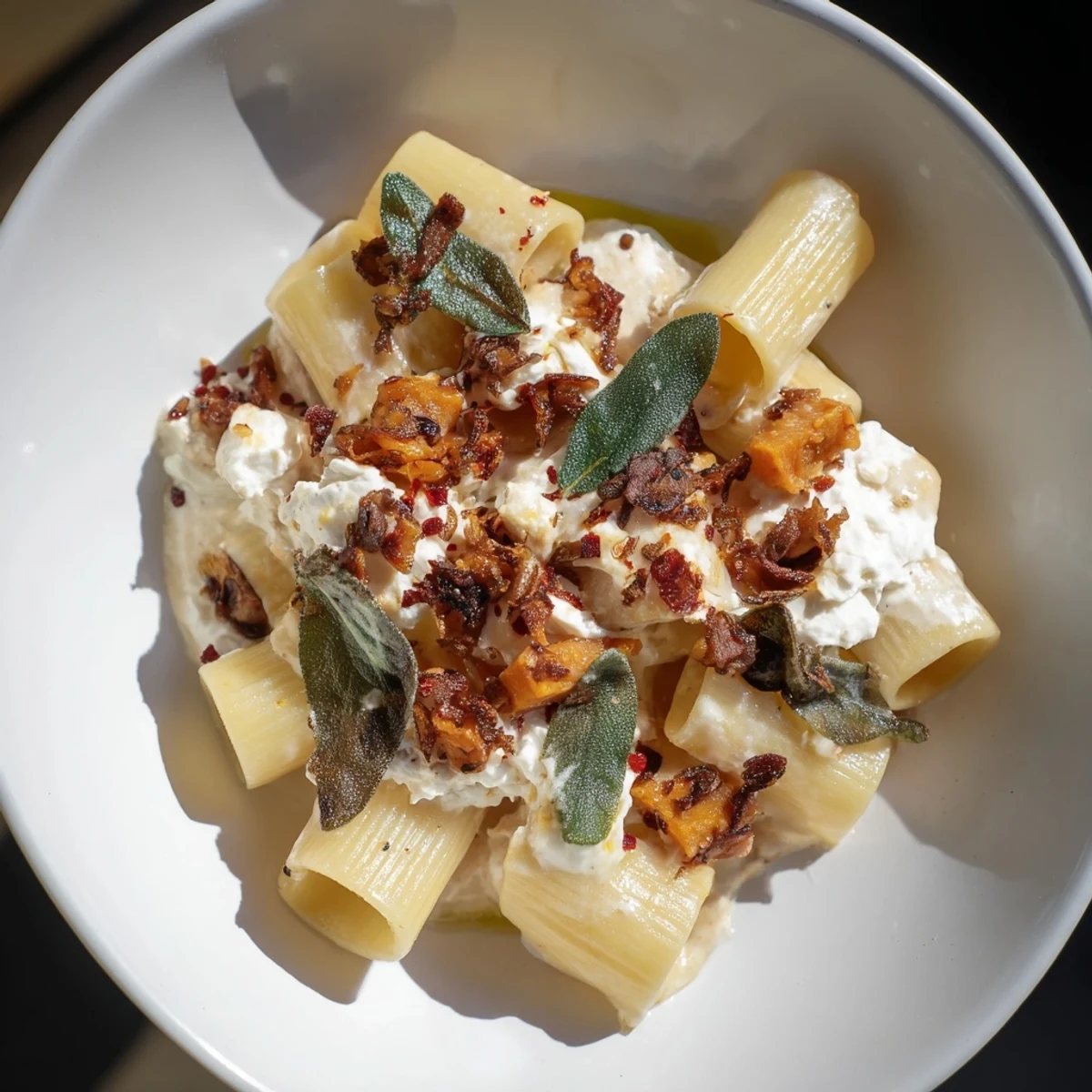 Golden, creamy Viral Sweet Potato Goat Cheese Sage pasta dish topped with crispy sage leaves.