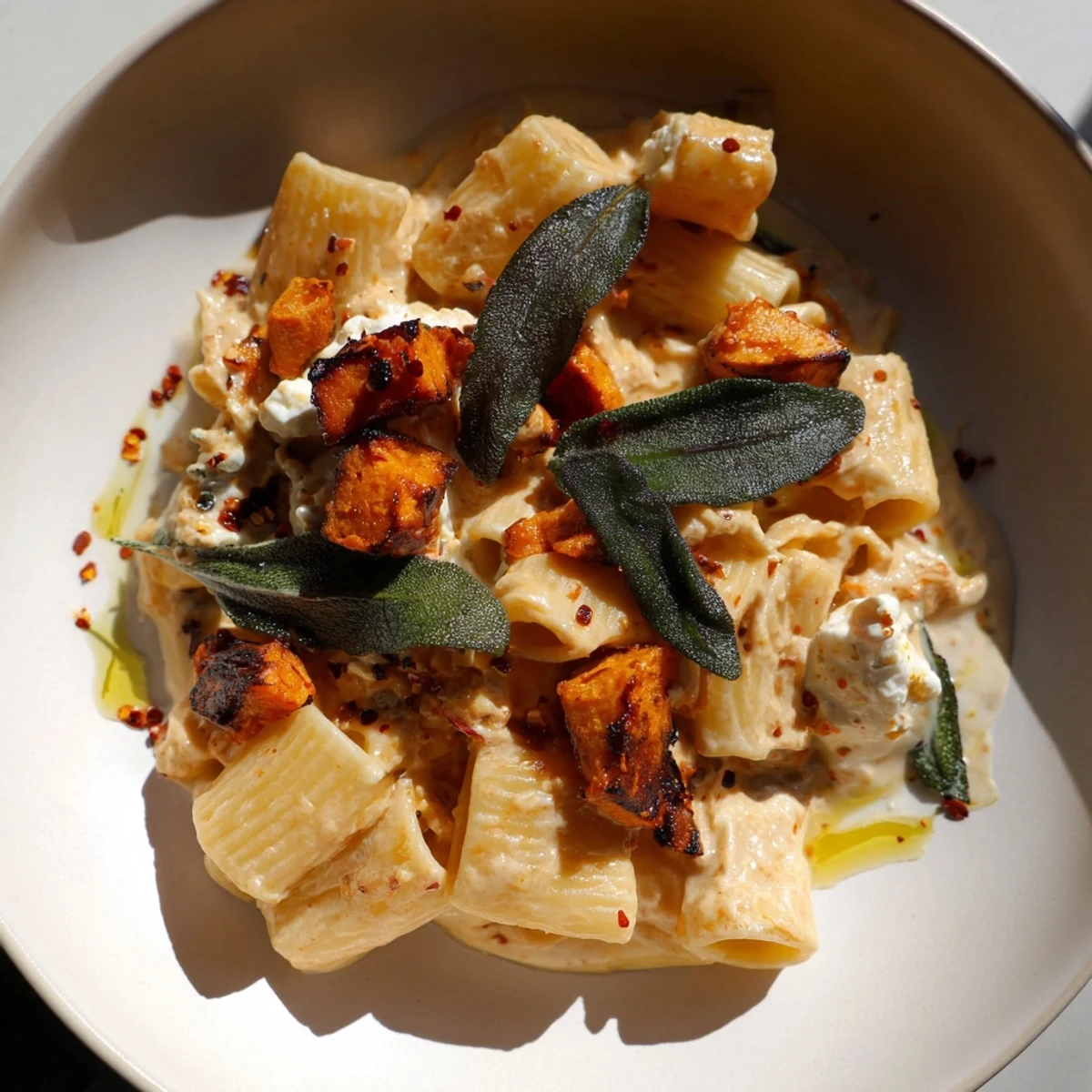 Warm, comforting bowl of Viral Sweet Potato Goat Cheese Sage pasta with a delicious creamy sauce.