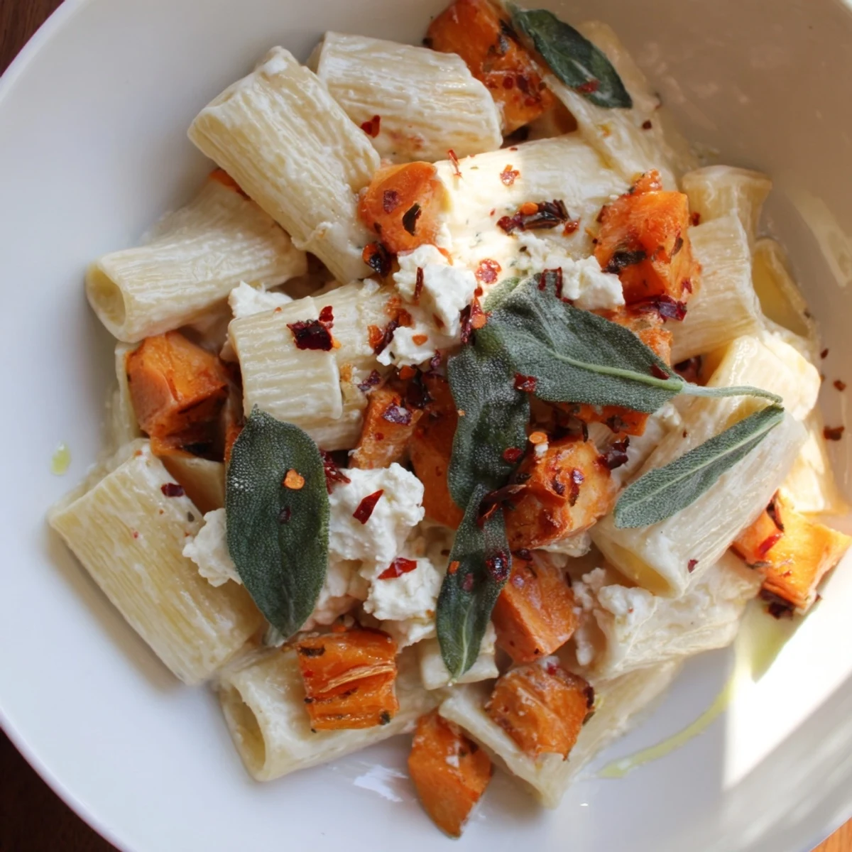 A close-up of the flavorful Viral Sweet Potato Goat Cheese Sage pasta recipe, ready to serve and enjoy.