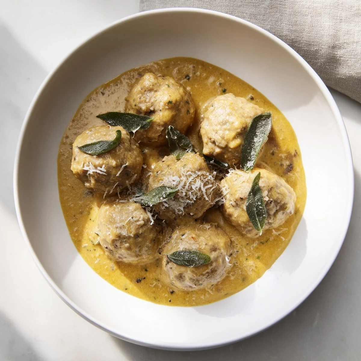 Golden baked easy turkey meatballs swimming in a creamy, vibrant pumpkin sage sauce.