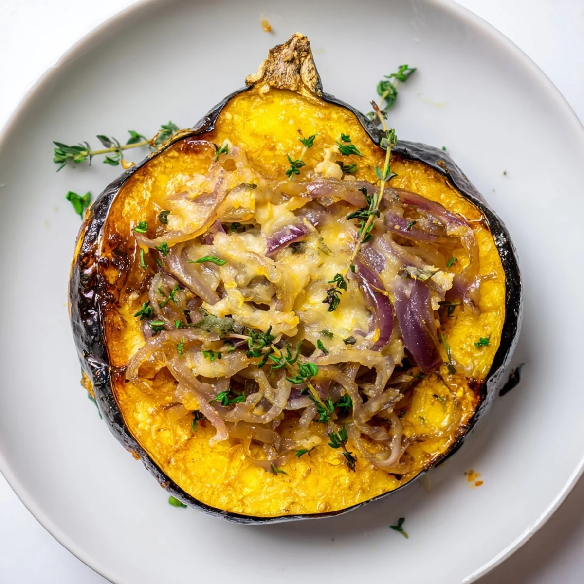 Golden caramelized onion and Gruyere-stuffed acorn squash, a vegetarian autumn main course.