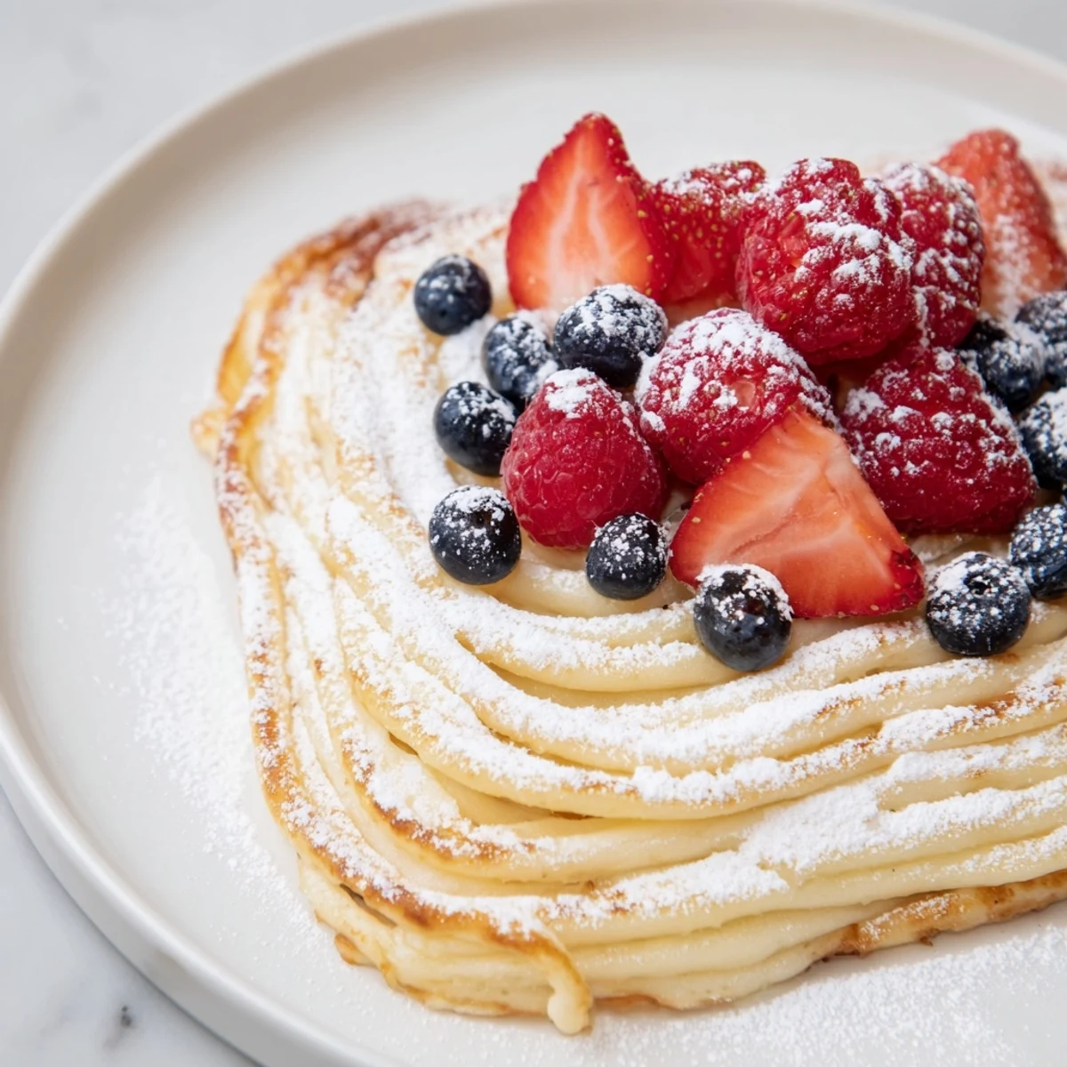 Quick Festive Pancake Spaghetti, a whimsical breakfast, features golden strands piled with fresh berries.