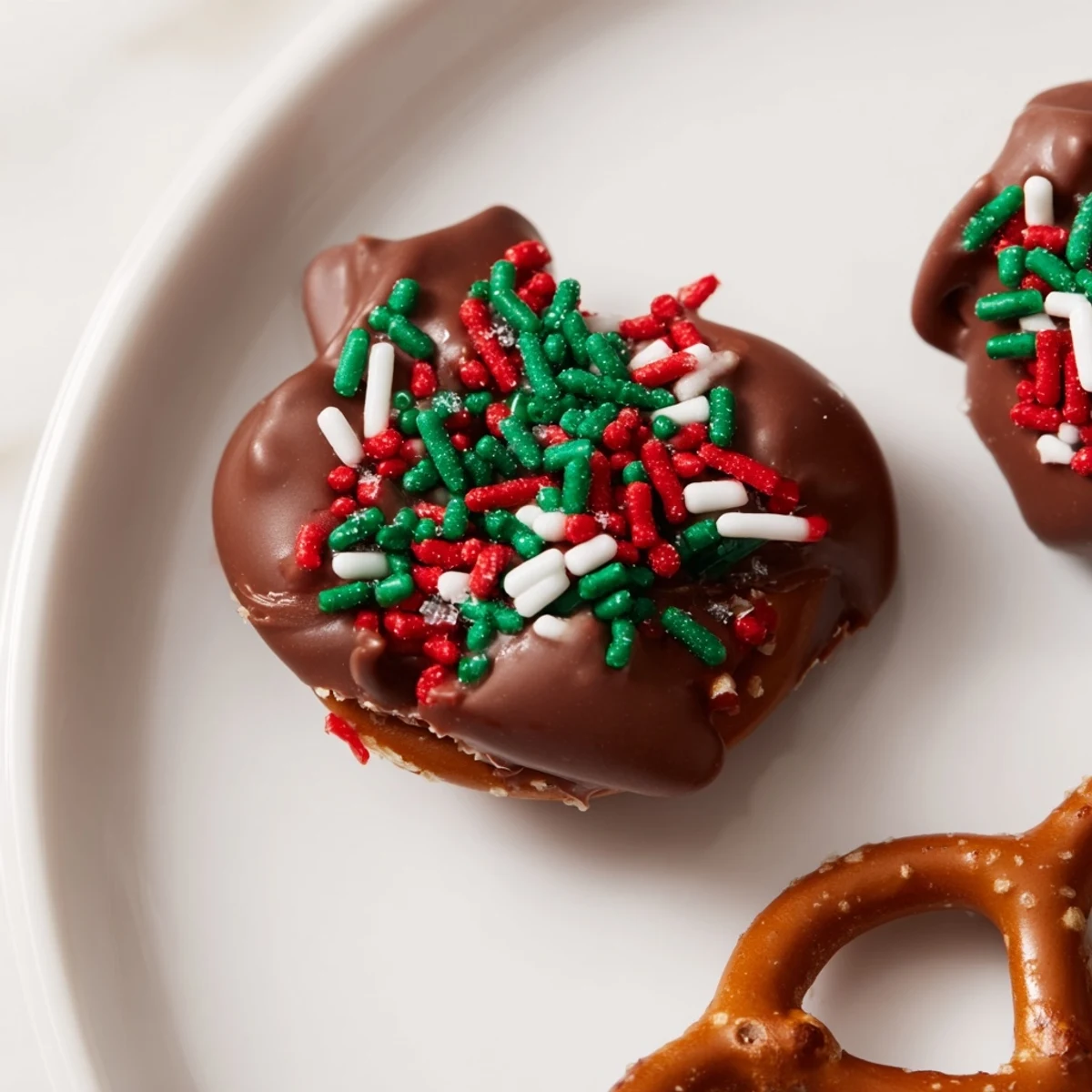 Air Fryer Christmas Pretzel Bites: Warm, melted chocolate topped pretzels with vibrant holiday sprinkles.