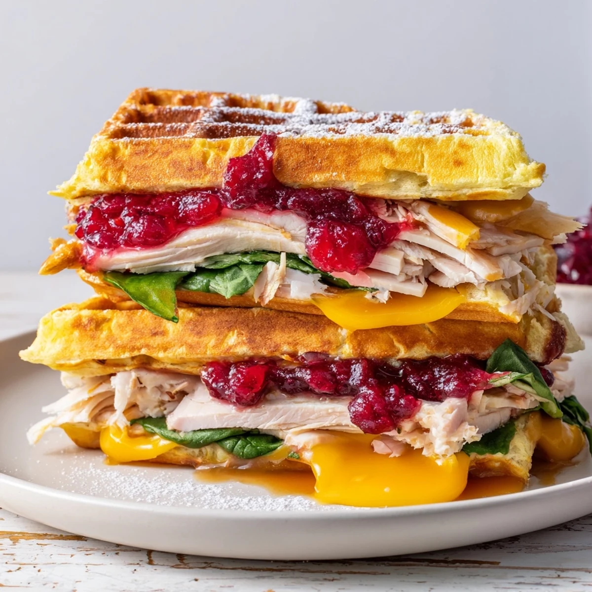 Warm, toasted Easy Holiday Waffle Sandwich, piled high with turkey and cheese, perfect for brunch.