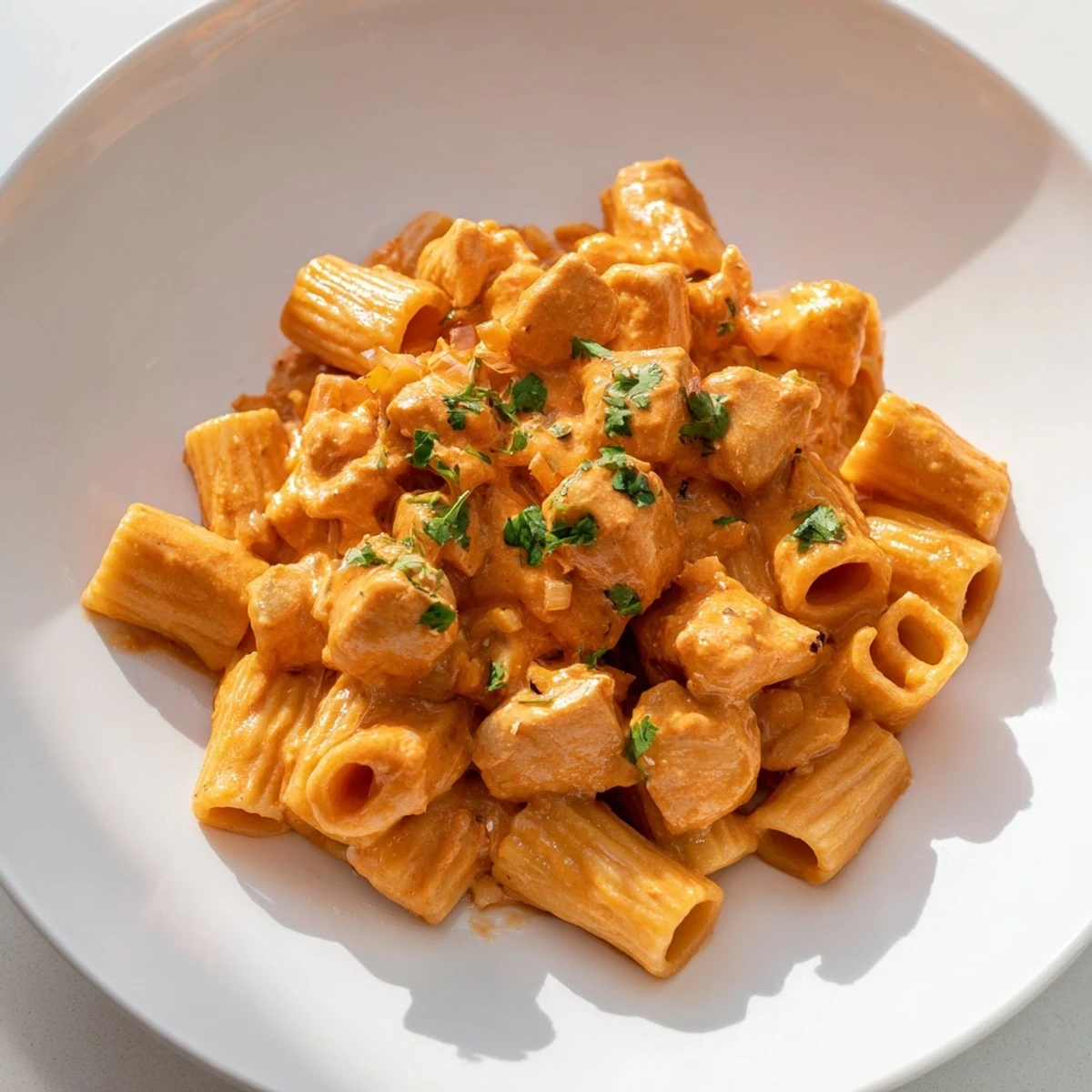 Creamy Chicken Tikka Masala Pasta: A view of the rich, sauce-covered pasta and tender chicken.