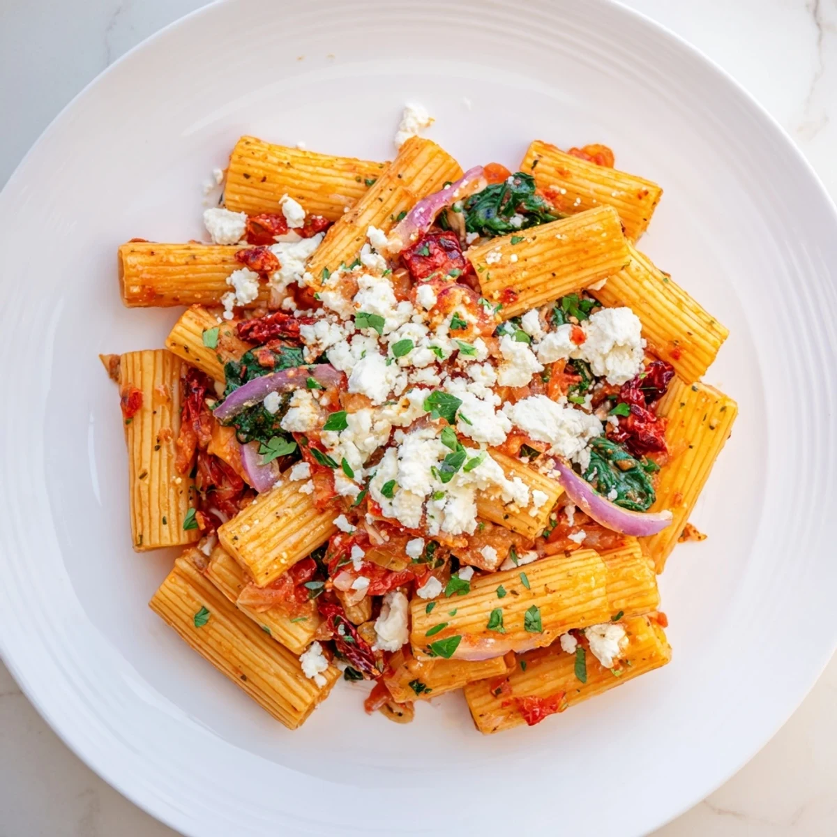 Golden-brown Mediterranean Baked Garlic & Herb Pasta, a vegetarian delight, fragrant with garlic, onion and herbs.