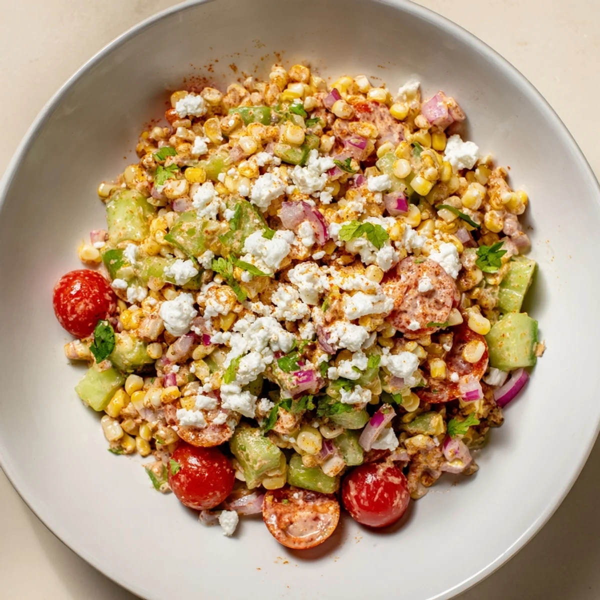 Vibrant Mexican Street Corn Chopped Salad: a colorful mix with charred corn, creamy dressing, and crumbled cheese.
