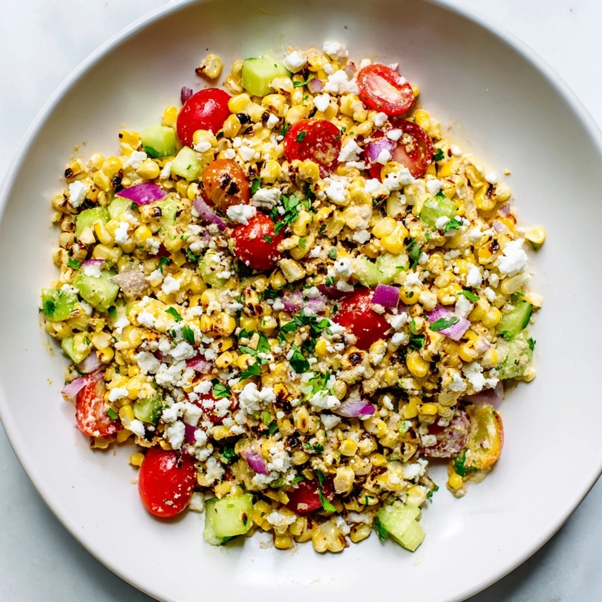 Enjoy a refreshing scoop of Mexican Street Corn Chopped Salad, with a creamy dressing, plus fresh herbs.