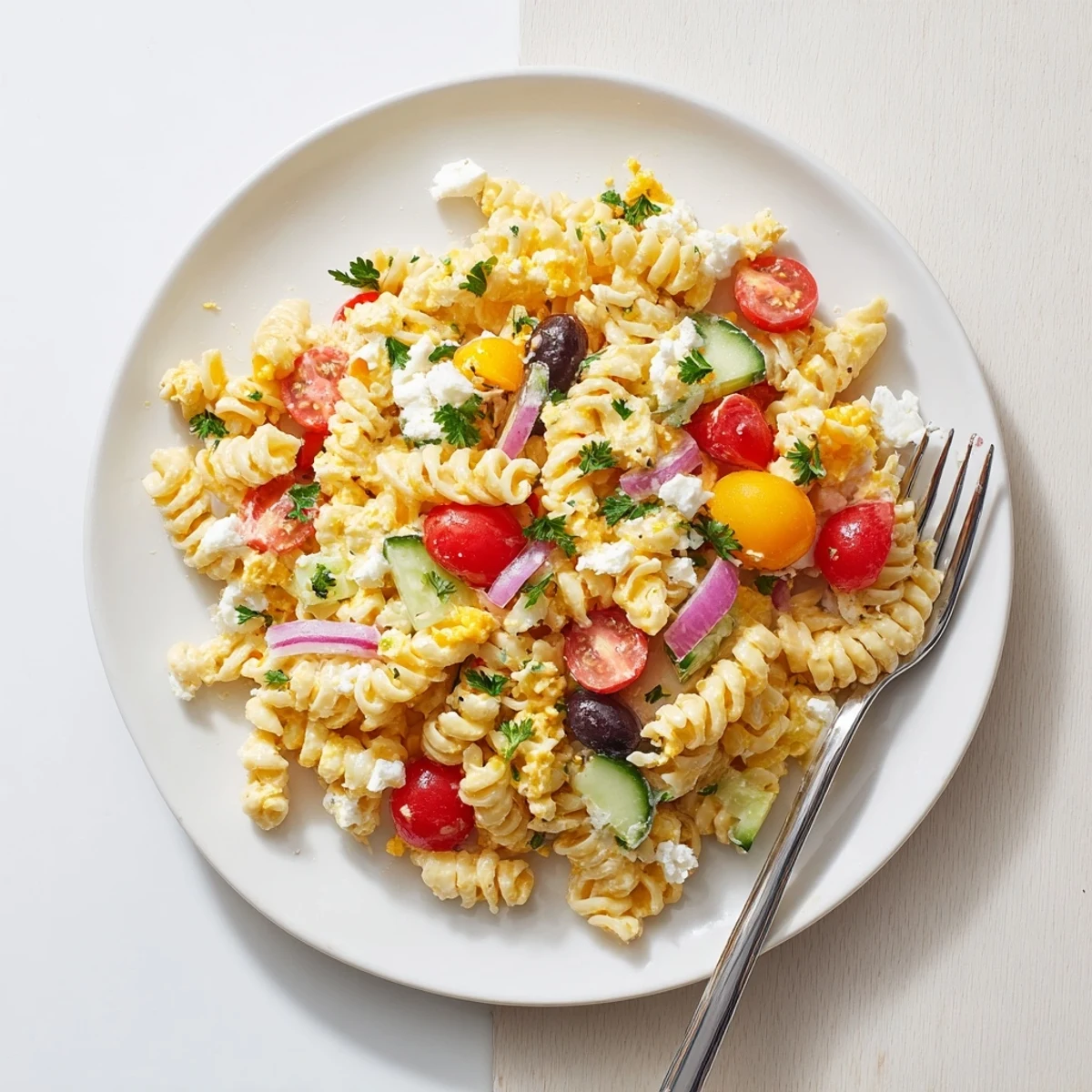 Vibrant close-up of the Greek Yogurt Million Dollar Christmas Pasta Salad, piled high with fresh ingredients.