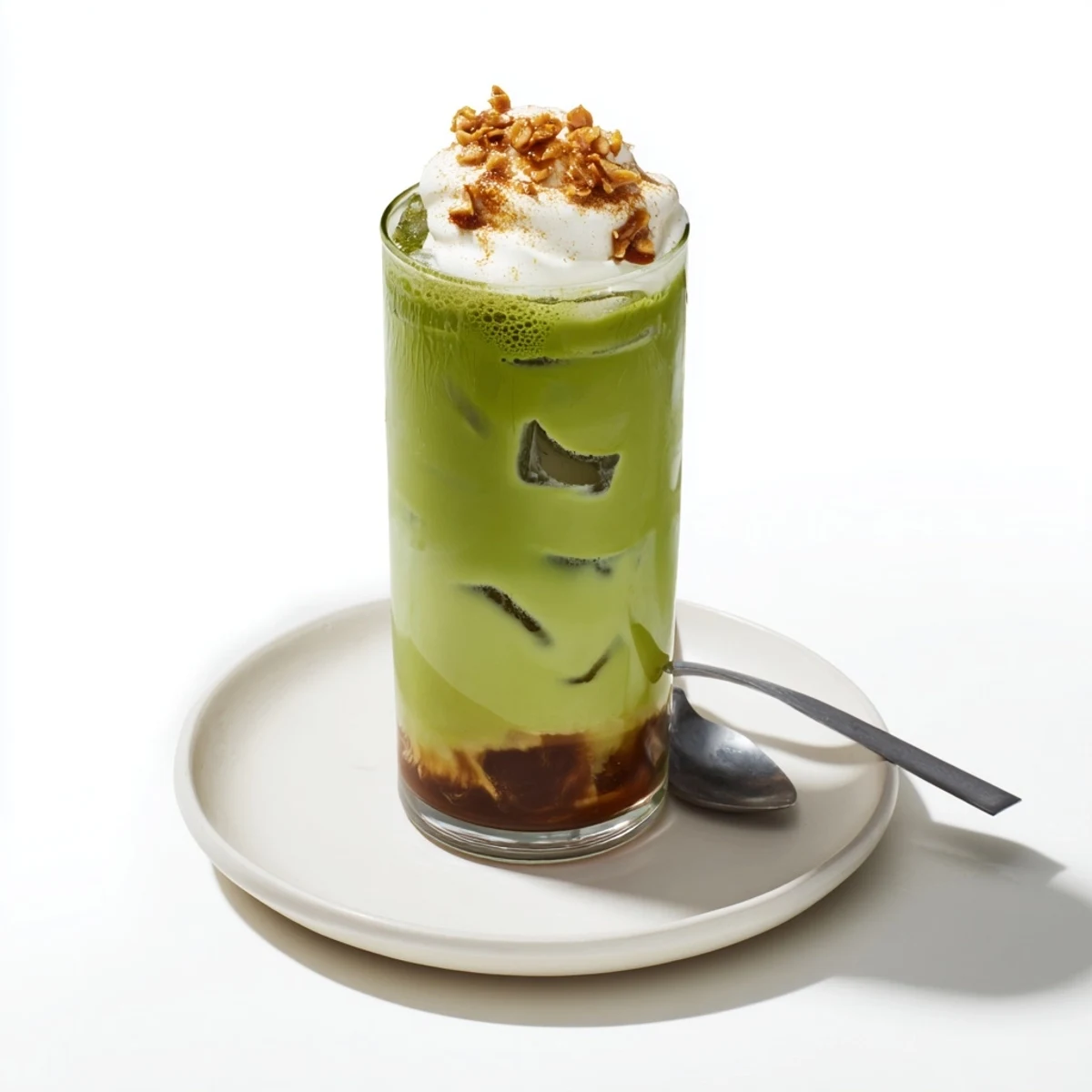 Cold brew coffee and bright green matcha create a stunning Caramel Brulée Iced Matcha Christmas Coffee.