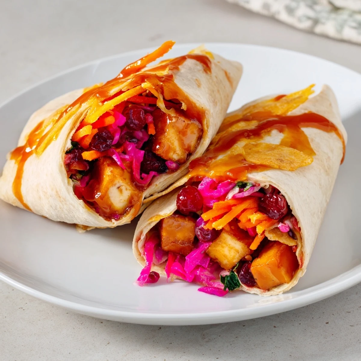 Crispy sweet chili tofu crunch wraps with a colorful holiday slaw, ready to eat!