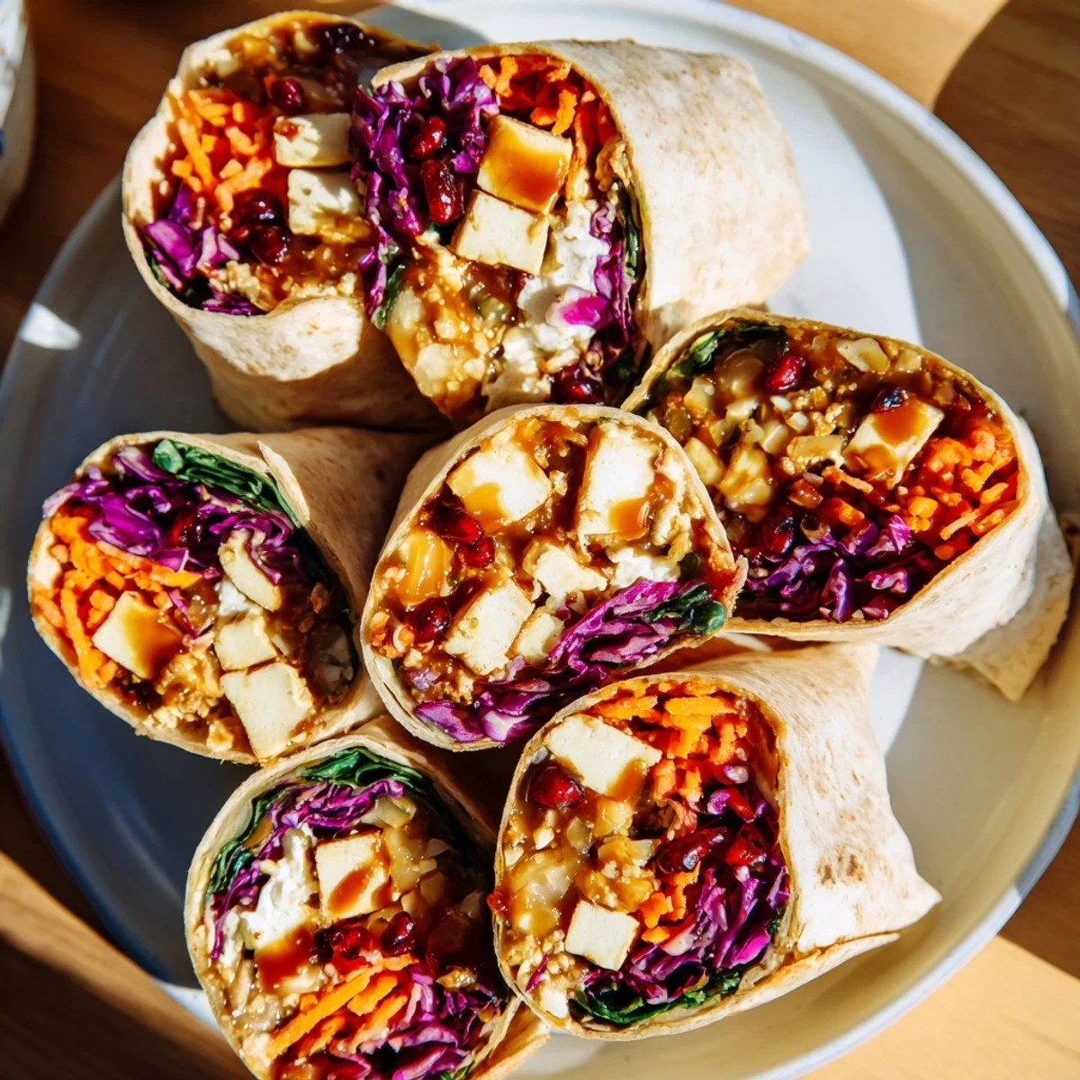 Close-up of a sweet chili tofu crunch wrap, showcasing layers of texture and flavor vividly.