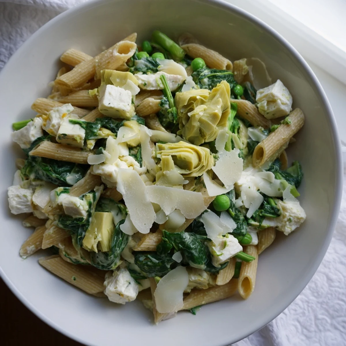 Savory Creamy Spinach Artichoke Protein Pasta Skillet with a creamy sauce and colorful vegetables, delicious.