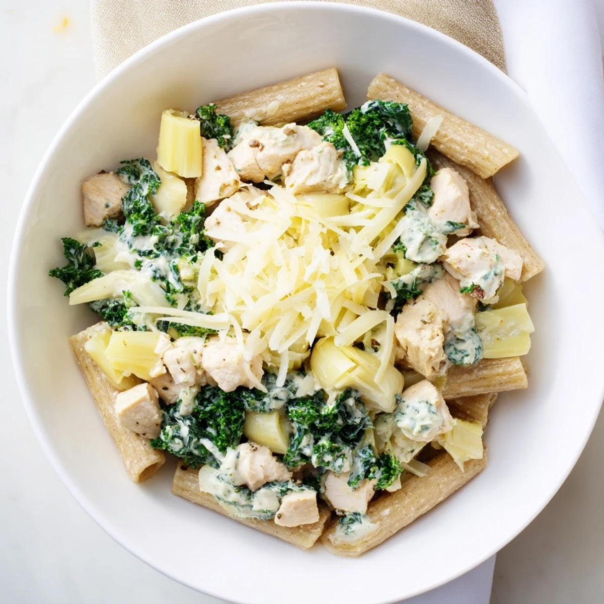 Up-close image of a hearty Creamy Spinach Artichoke Protein Pasta Skillet, ready for serving, smells divine.