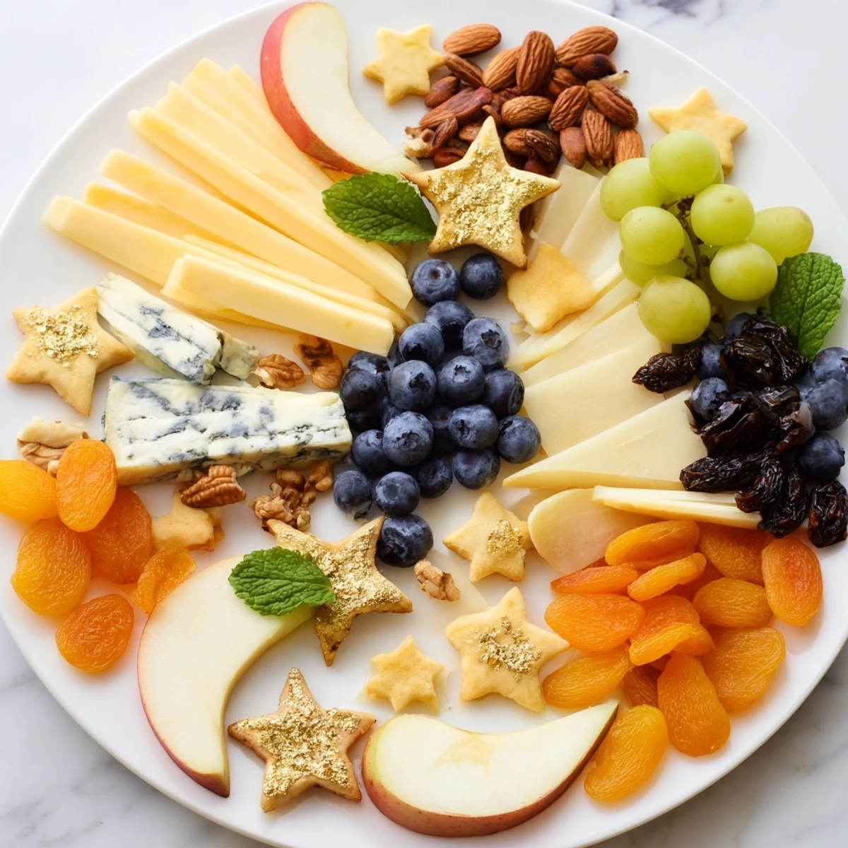 This Moon & Stars Night Board features creamy cheeses, fresh fruits, and sweet treats ready to be savored.