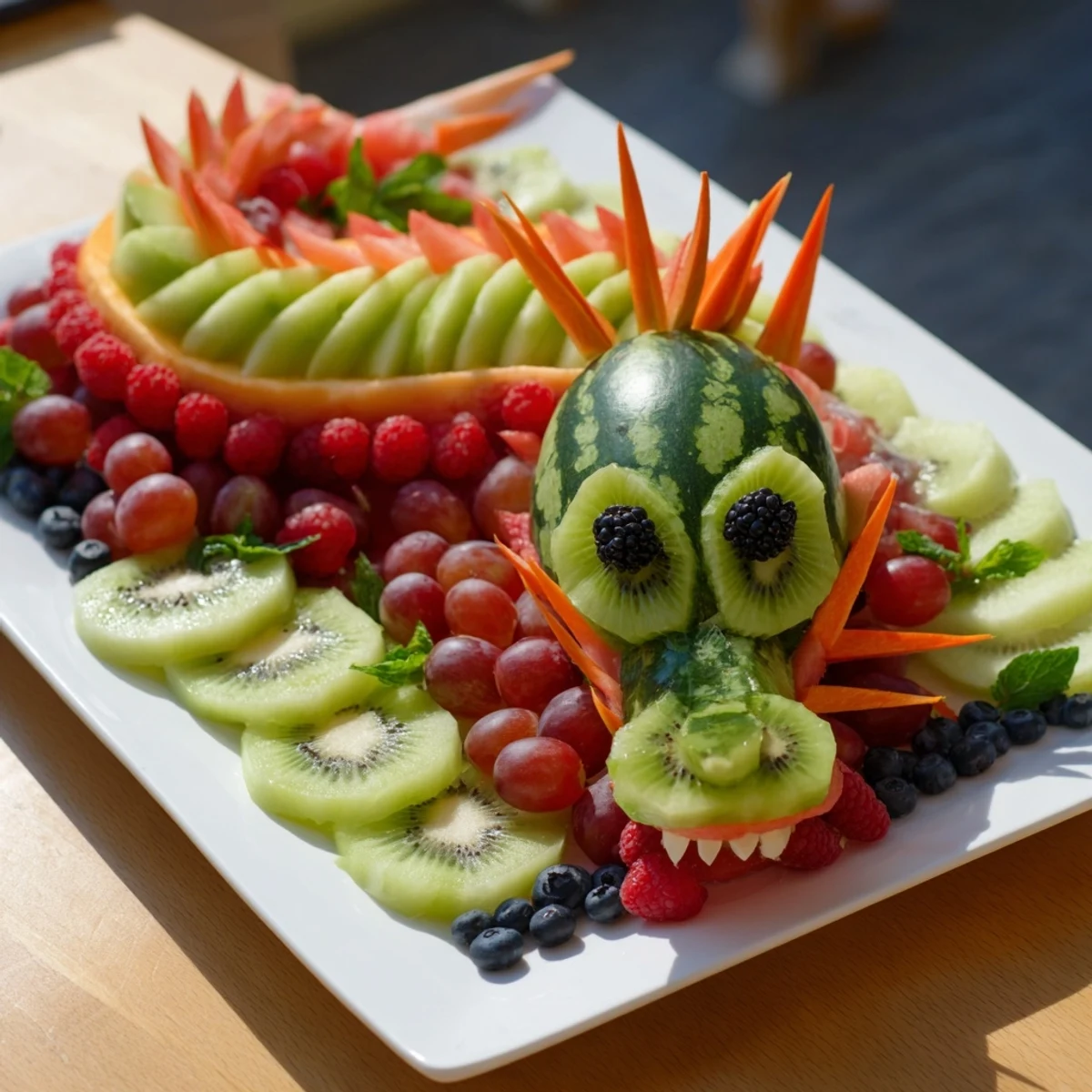 Imagine a healthy and fun dragon-shaped fruit tray, filled with grapes and berries for a festive celebration.
