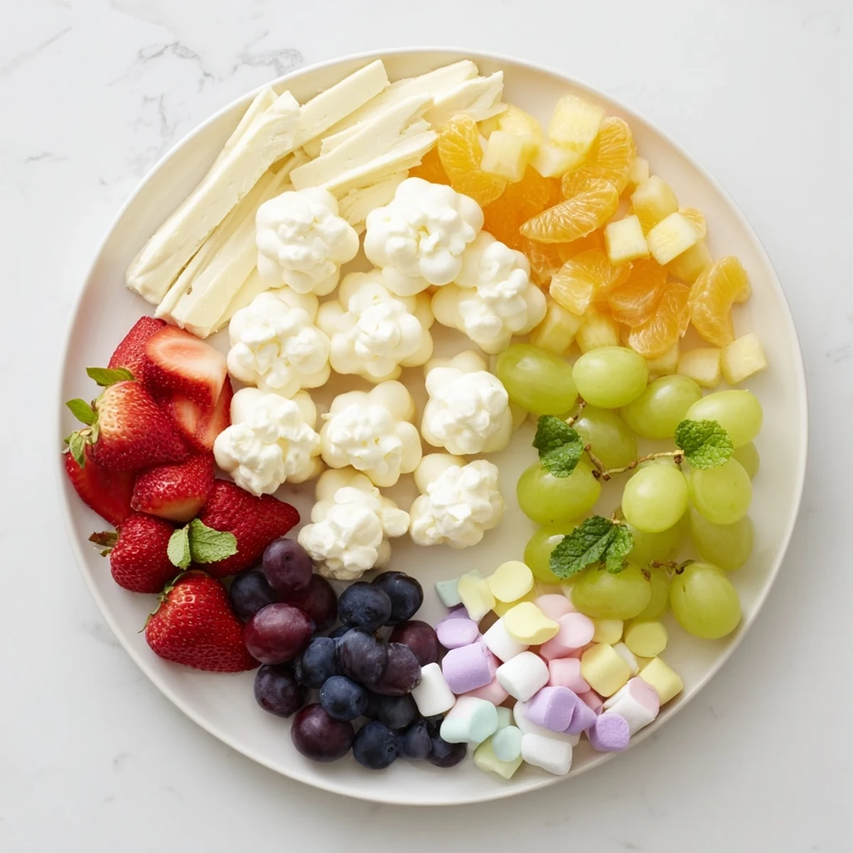 Vibrant Cloud & Rainbow Grazing Board with colorful fruits, cheeses, and sweet treats ready to enjoy.