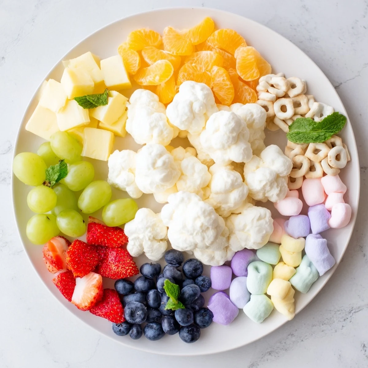 A beautiful Cloud & Rainbow Grazing Board, featuring a rainbow of fruits and creamy cheeses, for a party.