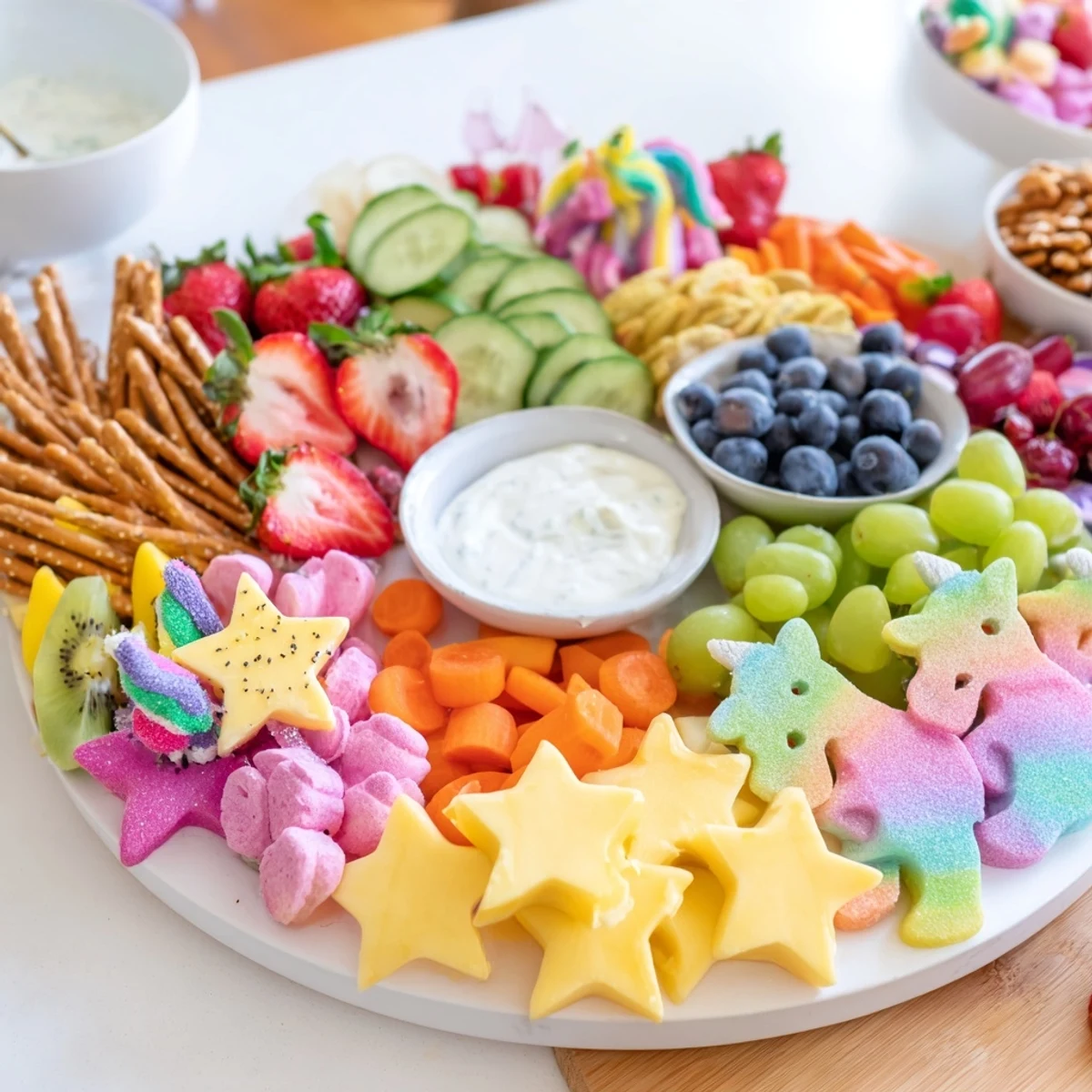 A colorful Unicorn Party Platter, overflowing with fresh fruits, veggies, and whimsical snacks.