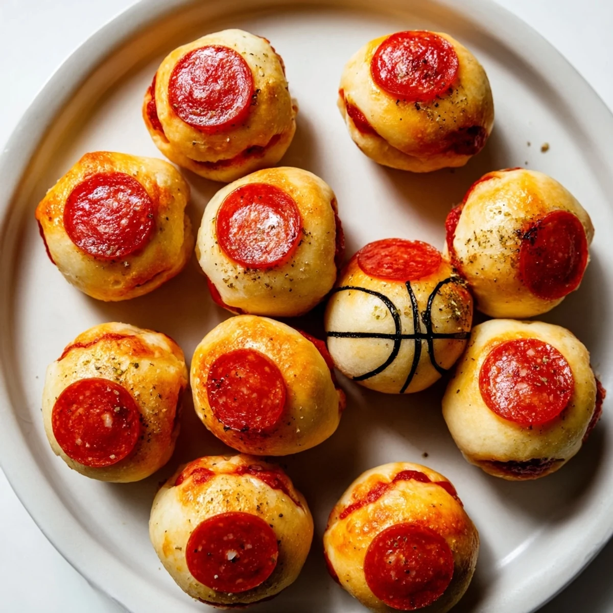 Golden, baked Slam Dunk Basketball Pizza Bites, ready to dip in pizza sauce for game night.